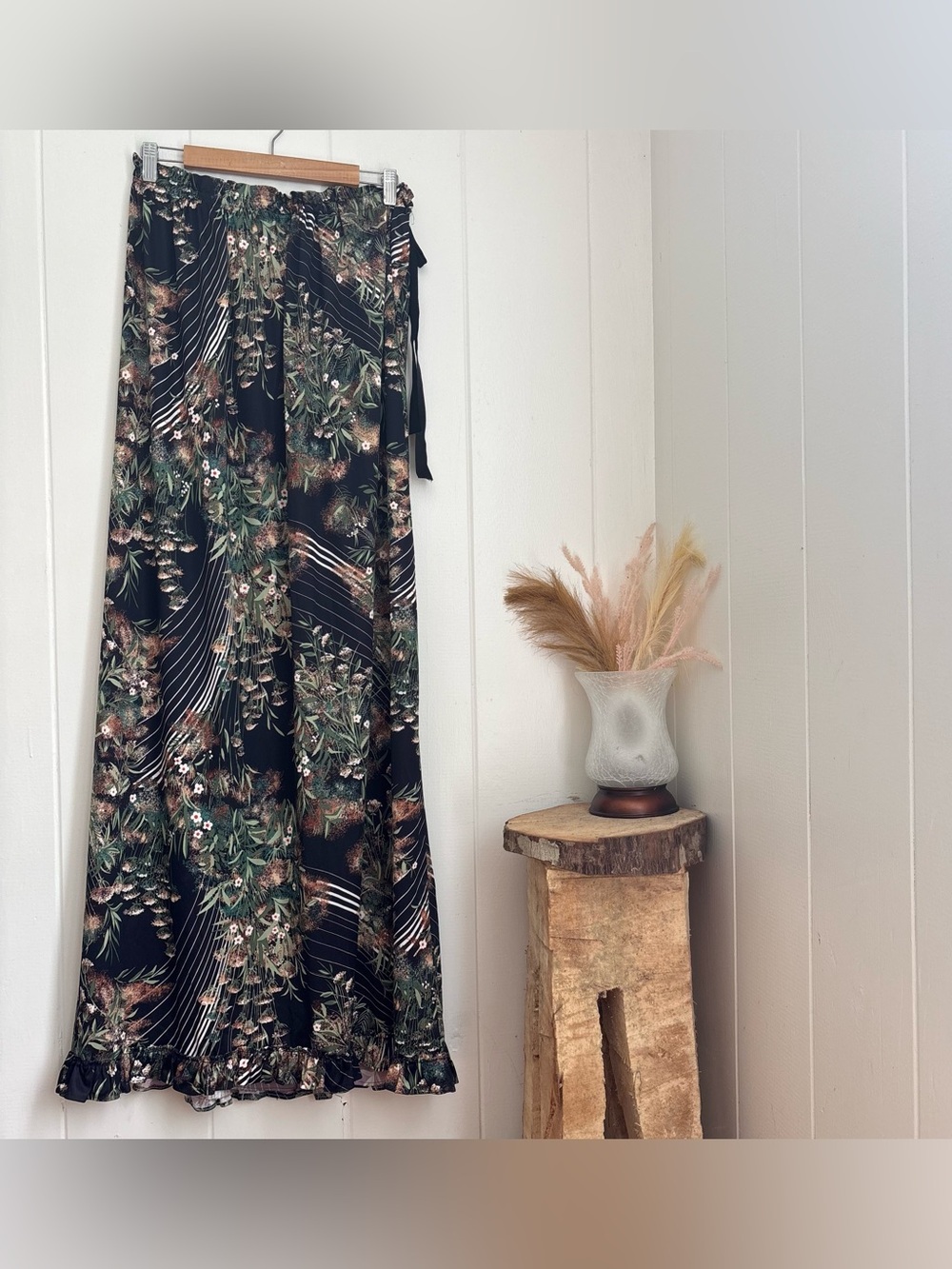 Botanical Print Maxi Skirt — Black with Green Print One Size ( Adjustable Waist)